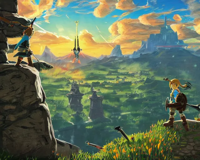 Prompt: breath of the wild by vsevolod ivanov and vsevolod ivanov and vsevolod ivanov and vsevolod ivanov and vsevolod ivanov, landscape painting