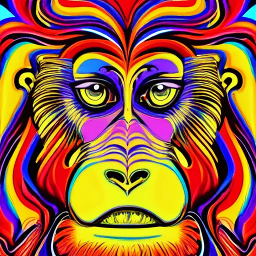 Prompt: portrait of vibrant coloured psychedelic monkey, mahogany background, detailed, 4 k, cartoon