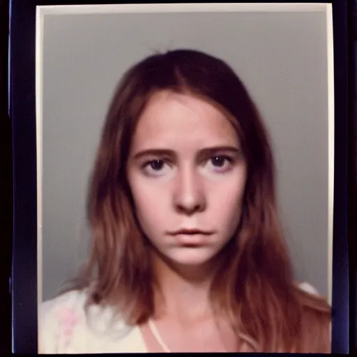 Image similar to Mugshot Portrait of Coucou Chloe, taken in the 1970s, photo taken on a 1970s polaroid camera, grainy, real life, hyperrealistic, ultra realistic, realistic, highly detailed, epic, HD quality, 8k resolution, body and headshot, film still, front facing, front view, headshot and bodyshot, detailed face, very detailed face