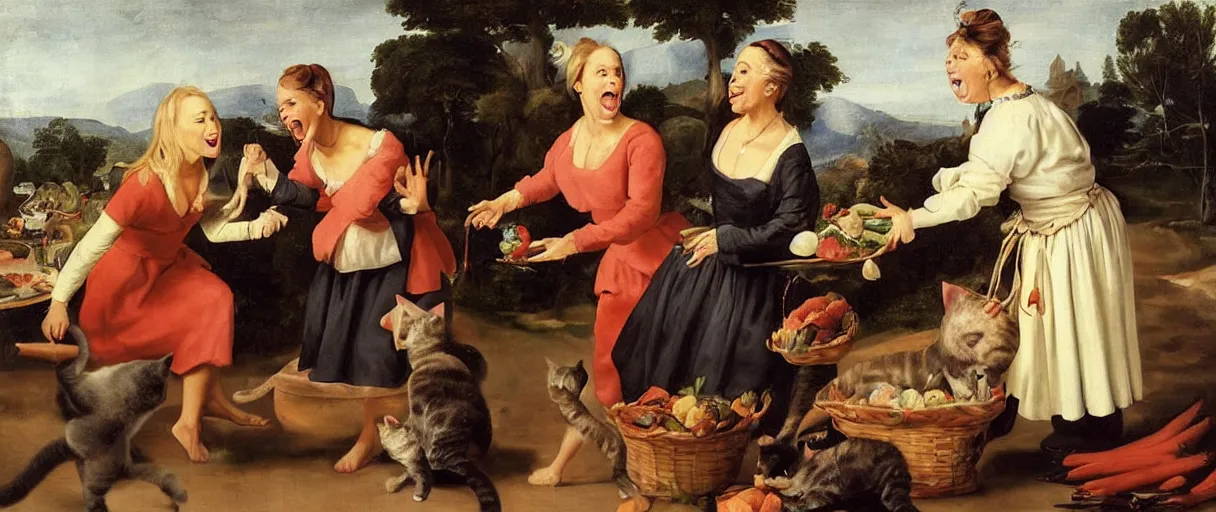 Image similar to painting portrait of ( ( ( two women yelling at cat meme ) ) ). taylor armstrong and kyle richards. crazy blonde woman sideview pointing and yelling at white cat that is eating vegetables from plate. accidental renaissance by diego velasquez, young woman, high resolution, very detailed art