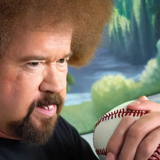 Image similar to a closeup photorealistic photograph of bob ross working on an image of kenny powers autographing a baseball on a canvas. mountains and trees. film still. brightly lit scene. this 4 k hd image is trending on artstation, featured on behance, well - rendered, extra crisp, features intricate detail, epic composition and the style of unreal engine.