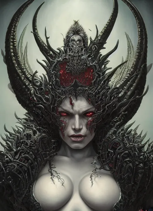 Image similar to a hyper detailed face portrait of the queen of blades, diablo 4 lilith, by yusuke murata, by hiroya oku, by dorian cleavenger, by tom bagshaw, by zdzisław beksinski, trending on artstation