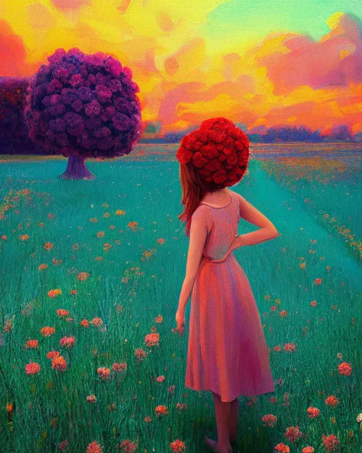 Image similar to girl with a giant carnation head, surreal photography, flower field, sunset dramatic light, impressionist painting, colorful clouds, blue sky, digital painting, artstation, simon stalenhag