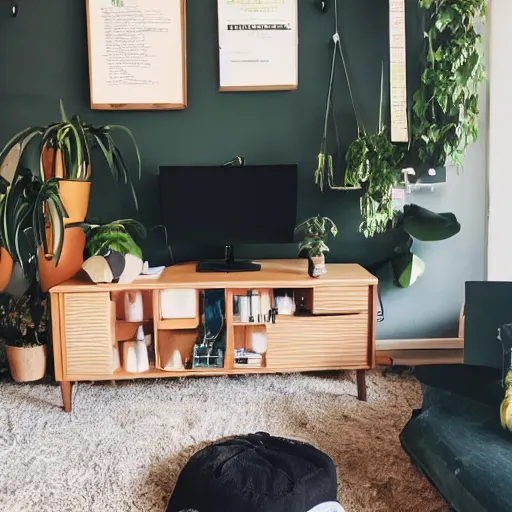 Prompt: a cozy HYGGE gaming station, dim lights, many plants