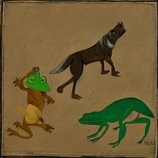 Image similar to wolf fights frog, medieval painting,