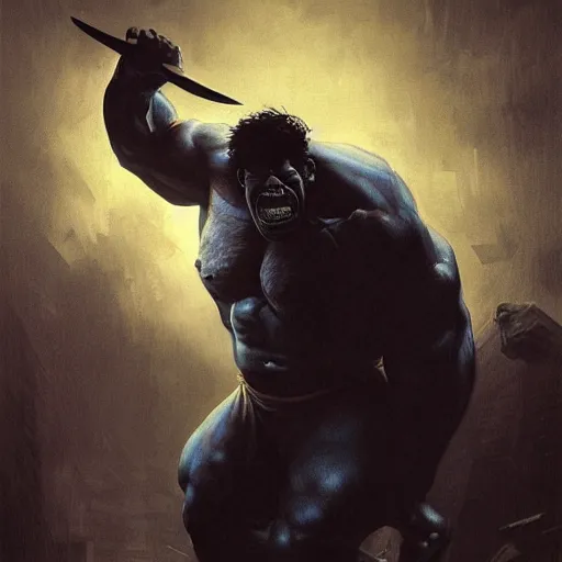 Image similar to artstation concept a midnight blue hulk jolding a meat cleaver, dusty, hyperdetailed, artstation trending, world renowned artists, worth 1 0 0 0. com, historic artworks society, antique renewel, cgsociety, by greg rutkowski, by gustave dore, deviantart