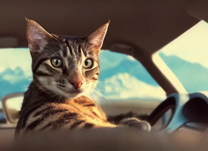 Image similar to A very high resolution image from a new movie, a cat driging around, inside of a car , mountains, Polaroid, directed by wes anderson