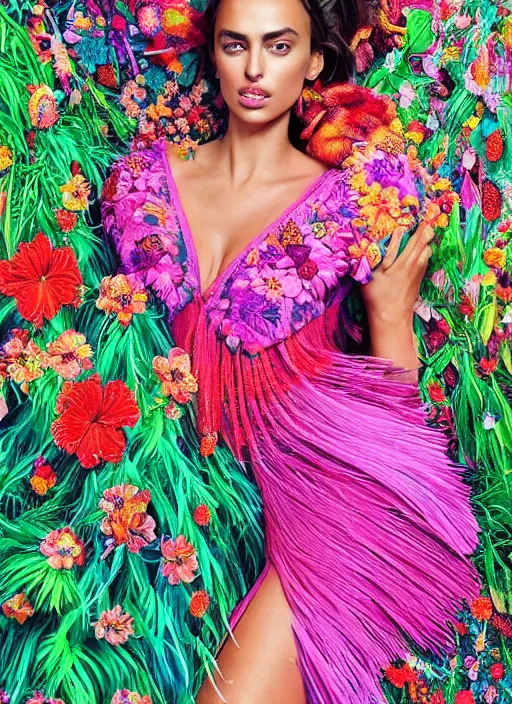Prompt: beautiful portrait of Irina Shayk wearing fantastic Hand-dyed cotton dress,embellished beaded feather decorative fringe knots ,colorful pigtail,subtropical flowers and plants,symmetrical face,Pantone,intricate,elegant,highly detailed,8k,post-processing,digital painting,trending on pinterest,harper's bazaar,concept art, sharp focus, illustration, by artgerm,Tom Bagshaw,Lawrence Alma-Tadema,greg rutkowski,alphonse Mucha