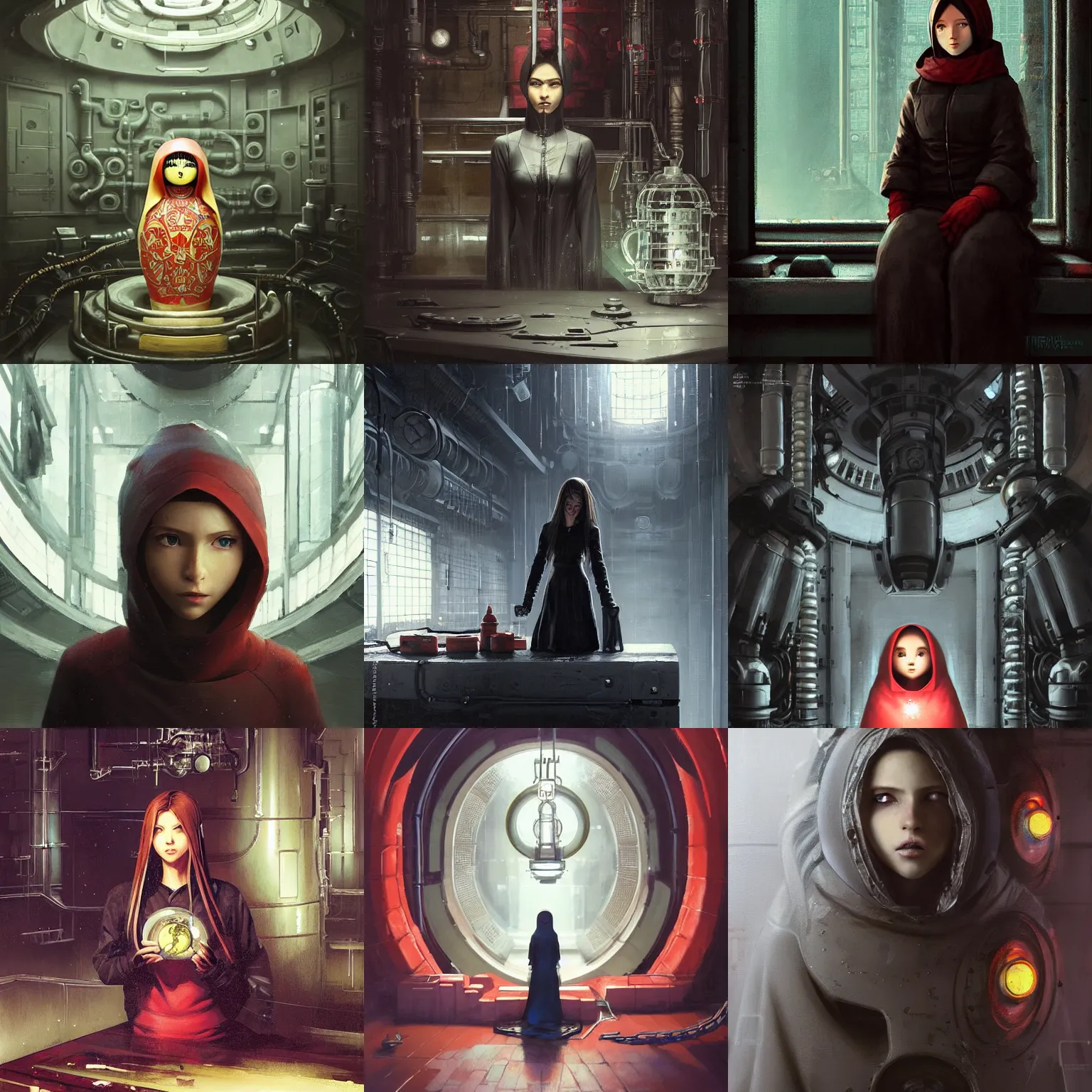 Prompt: Beautiful stunning portrait of Matryoshka by Greg Rutkowski. Aerith is hiding from a Shinra robot in the Reactor Core by Mark Arian. The Reactor Core is dark and stark and industrial by H.R. Giger. soft render, octane, intricate painting by Moebius. artstation Blank Canvas Scene by Tetsuya Nomura.