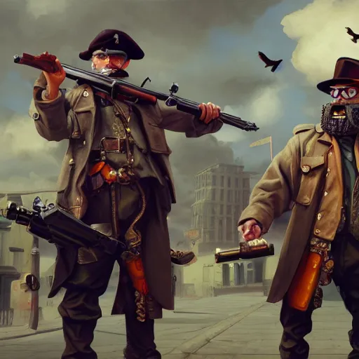 Prompt: oil painting of two pigeons holding guns, berets, medium shot, steampunk clothes, steampunk city background, sharp focus, fantasy style, octane render, volumetric lighting, 8k high definition, by greg rutkowski and james gilleard, highly detailed, trending on artStation, explosions, magic the gathering artwork, centered, 8k, hd