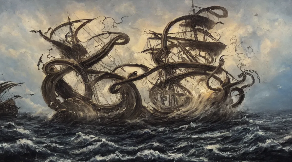 Image similar to oil painting of a kraken attacking a pirate ship