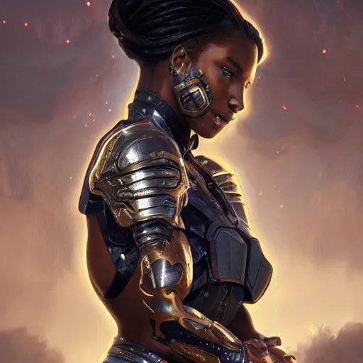 Prompt: portrait painting of a muscular black girl with futuristic armor, ultra realistic, concept art, intricate details, eerie, highly detailed, photorealistic, octane render, 8 k, unreal engine. art by artgerm and greg rutkowski and alphonse mucha