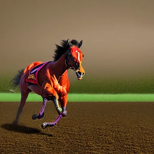 Image similar to close - up front view of a racing thoroughbred stallion ( with jockey in colorful outfit ) galloping extremely hard and emerging headfirst out of very dense ground fog to win a race at the track. photorealistic digital art.