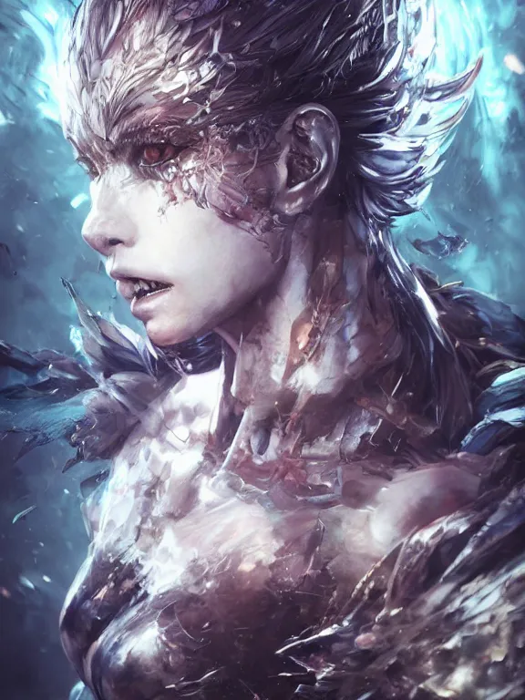 Image similar to fine portrait of dark soul artwork by Yoshitaka Amano and sandra chevrier, 4k, hyper detailed,ultra detail, insane detail,micro detail, UHD, volumetric lightning,octane render,trending on artstation