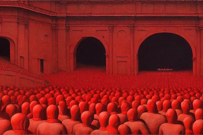 Image similar to only with red, a red great emperor, taormina amphitheatre, crowd with big smile, in the style of beksinski, parts by edward hopper, parts by rodcenko, parts by yue minjun, intricate and epic composition, red by caravaggio, insanely quality, highly detailed, masterpiece, red light, artstation, 4 k