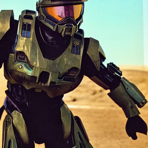 Prompt: realistic photoshooting for master chief, color film photography, autochrome, close up, photo in style of tyler mitchell, 3 5 mm,