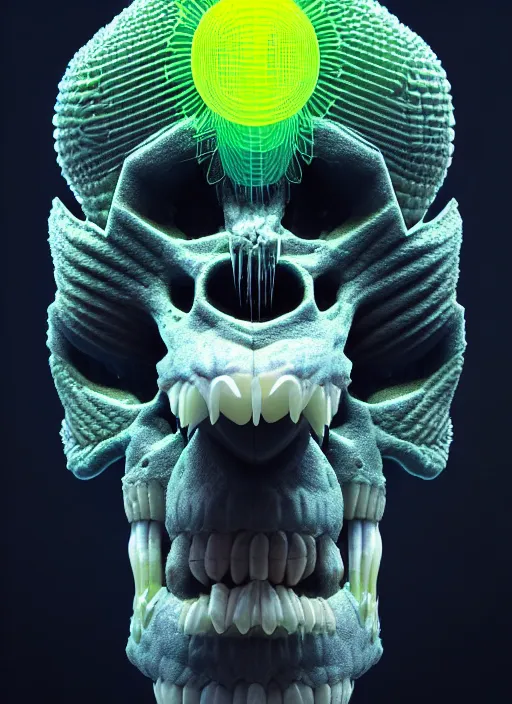 Image similar to 3 d ape shaman profile portrait, sigma 5 0 0 mm f / 5. beautiful intricate highly detailed quetzalcoatl skull and feathers. bioluminescent, plasma, lava, ice, water, wind, creature, thunderstorm! artwork by tooth wu and wlop and beeple and greg rutkowski, 8 k trending on artstation,