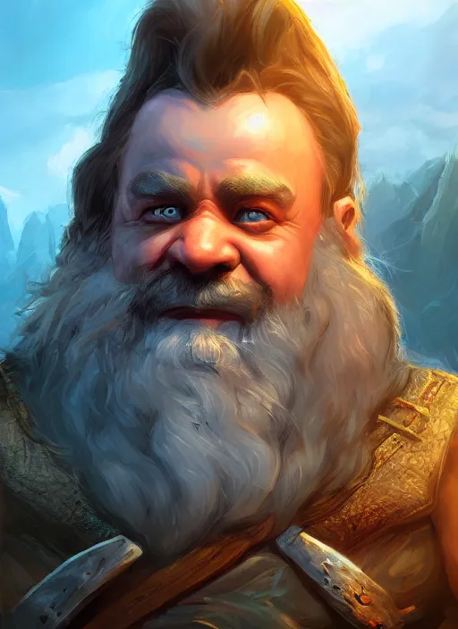 Image similar to A fantasy comic book style portrait painting of a dwarf warrior in a stunning fantasy landscape, unreal 5, DAZ, hyperrealistic, octane render, RPG portrait, dynamic lighting