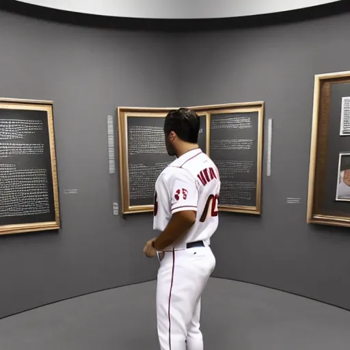 Image similar to “a realistic detailed photo of a guy who is an attractive humanoid who is half robot and half humanoid, who is a male android, baseball player Mike Trout, shiny skin, posing like a statue, blank stare, at a museum, on display”