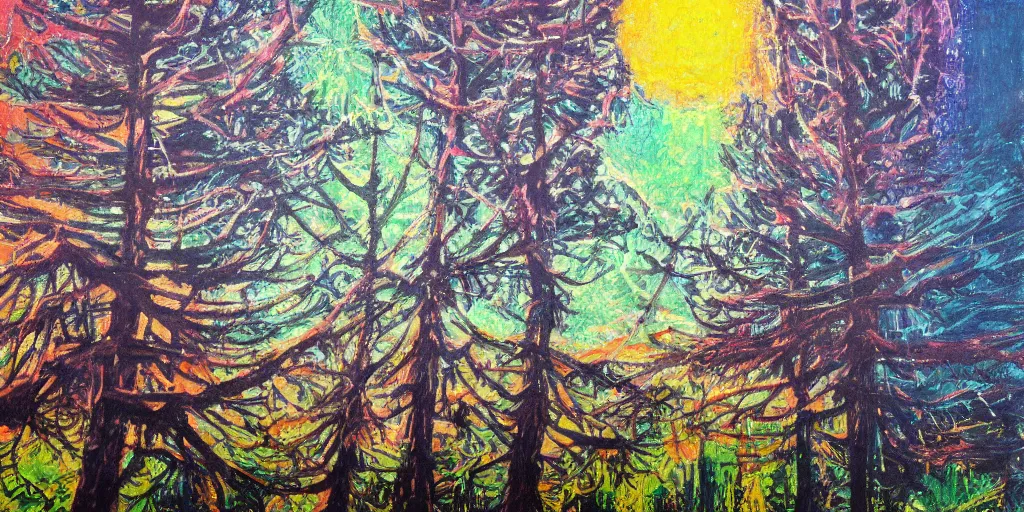 Prompt: 🌲🌌, acrylic on canvas, expressionism movement, breathtaking detailed, by blake neubert, photorealistic