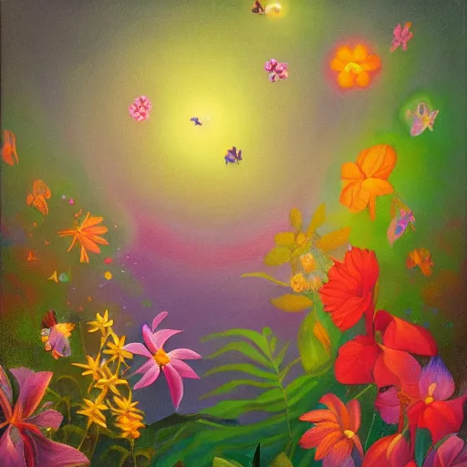 Prompt: a beautiful painting of an enchanted forest full of tropical flowers and fireflies, by agnes lawrence pelton, trending on artstation