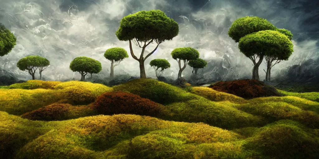 Image similar to windy fantasy landscape with swept-over trees and swept-over extremophile plants, far away landscape shot with visible wind, tilt-shifted, high quality art, 4k