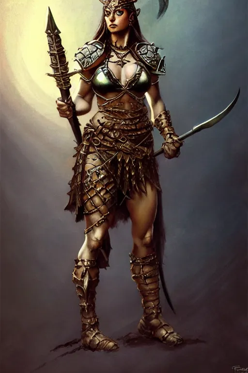 Prompt: warrior princess character portrait by frank frazetta - wearing ornate armor, holding a spear, striking a pose, fantasy, dungeons & dragons, sharp focus, beautiful, artstation contest winner, detailed