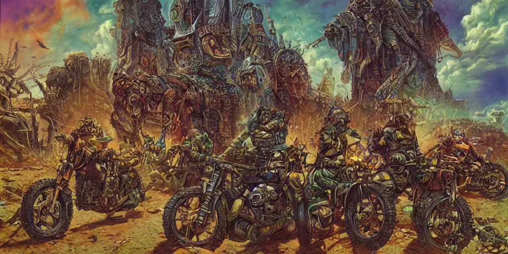 Image similar to psychedelic post apocalyptic orcish biker gang, scifi city ruins, sharp focus, psychedelic colors, boris vallejo, michael whelan