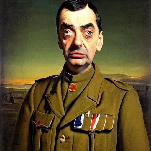 Prompt: A portrait of Mr. bean depicted as a soldier in world war two, renaissance oil painting by Salvador Dali