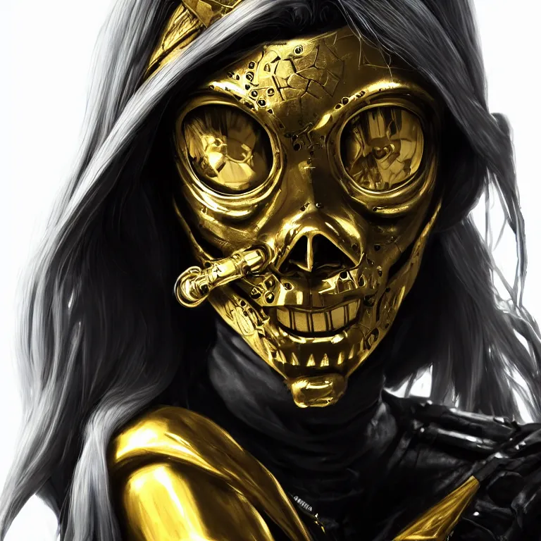 Prompt: cyberpunk female with a gold accented metallic sugar skull mask, concept art by jama jurabaev, cinematic shot, trending on artstation, hybrid from the elden ring and art direction by darius zawadzki ; by artgerm ; wayne reynolds art station ; cinematic quality character render ; low angle ; ultra high quality model ; production quality cinema model