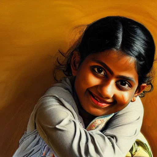 Image similar to high quality high detail painting by lucian freud, hd, smiling cute indian girl portrait, photorealistic lighting