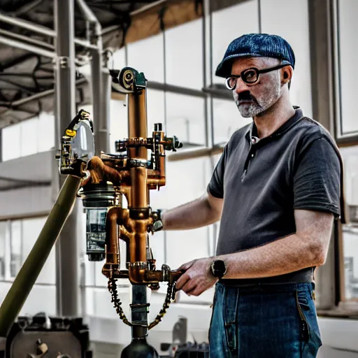 Image similar to A random pointless contraption industrial appliance pneumatic steampunk machine with no apparent purpose, being operated by a scholarly looking man with a clear directed gaze, XF IQ4, f/1.4, ISO 200, 1/160s, 8K, RAW, unedited, symmetrical balance, in-frame