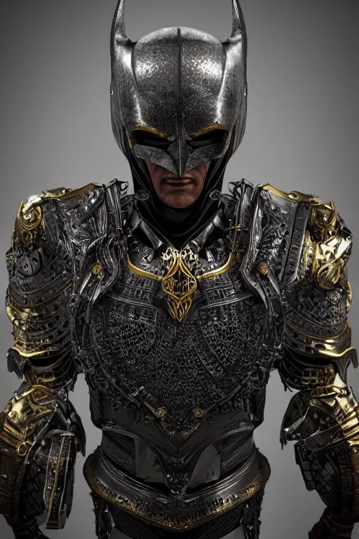 Prompt: hyper realistic glorious ancient celtic batman in a obsidian metal armor, futuristic design, designed by makoto kobayashi and luca zampriolo, portrait, cyberpunk style, wood and gold details, intricate, extremely detailed, ornate, deep of field, hard surface, exoskeleton, substance designer metal