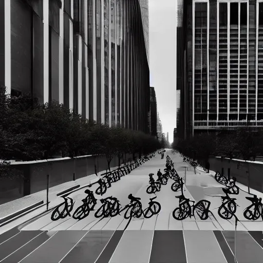 Image similar to a perfect street designed by mies van der rohe. bikes. cinematic, 8 k, inspirational.