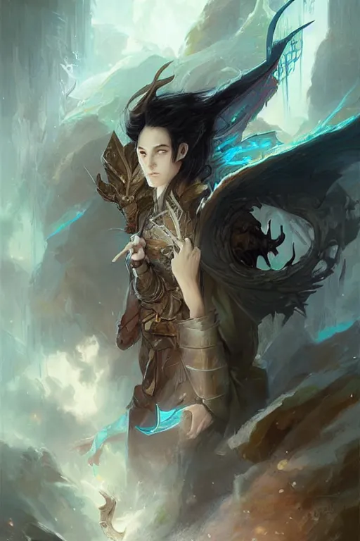 Prompt: portrait elven teenage boy mage long black hair dragon egg digital painting modern fantasy concept art by peter mohrbacher by wlop by ruan jia