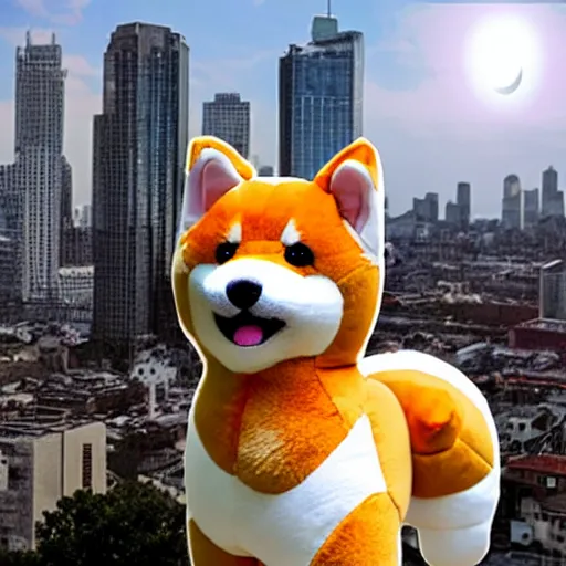 Prompt: a giant plushy shiba inu destroying a city, photo realistic, highly detailed,