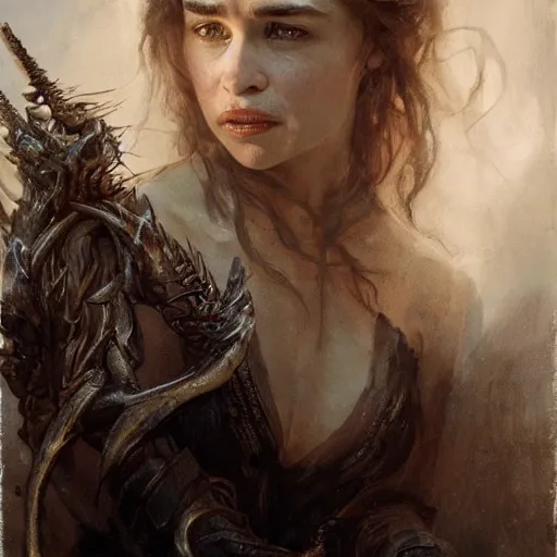 Image similar to emilia clarke with fangs, detailed, by gaston bussiere, bayard wu, greg rutkowski, giger, maxim verehin, greg rutkowski, masterpiece, sharp focus,