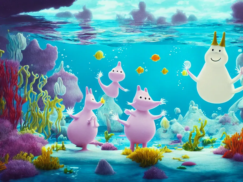 Prompt: underwater moomins discovering the water planet looking at many colorful fishes in the background, photorealistic painting, cgi, low volumetric light, movie still, very cute and cozy and fluffy and sweet