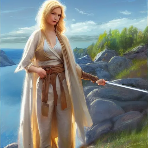 Image similar to blonde female jedi, Swedish countryside, landscape view, archipelago, painting by Vladimir Volegov, wlop, artstation