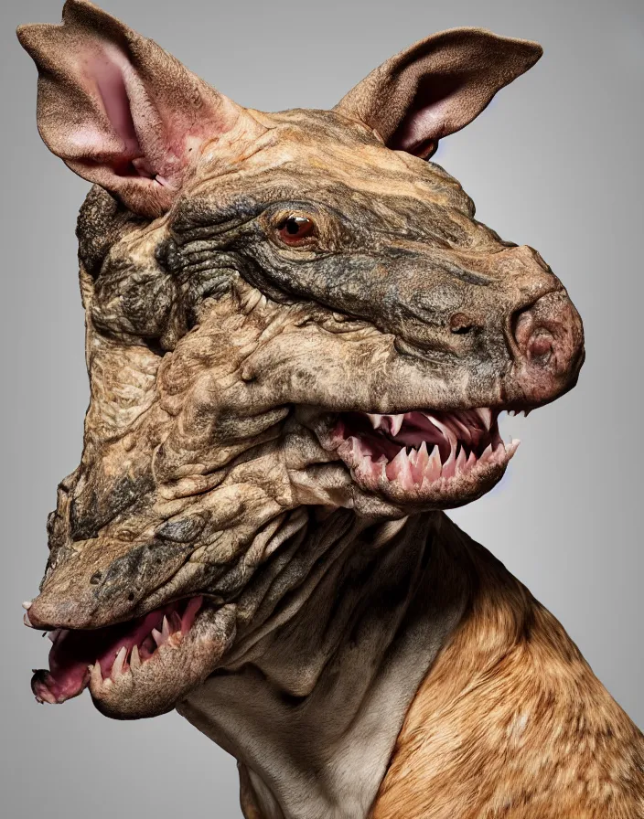 Prompt: high resolution photo portrait of muscular animal human merged head skin ears, background removed, scales skin dog rat, alligator cat merged bird head cow, chicken face morphed fish head, gills, horse head animal merge, morphing dog head, animal eyes, merging crocodile head, anthropomorphic creature