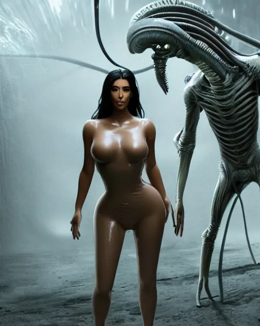 Image similar to cinematic full - body - shot still of kim kardashian being syphon fed by an xenomorph in a transparent alien liquid, wet flowing hair, gooey skin, illustration, unreal engine 5, 8 k, made by h. r. giger.