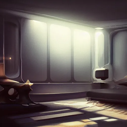 Image similar to futuristic room, crisp, artstation, luxury, beautiful, dim painterly lighting, 3 d concept art