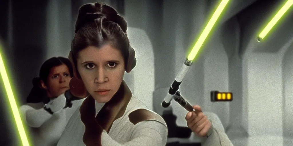 Image similar to screenshot of Princess Leia training to use a yellow lightsaber at a new Jedi Temple scene from The Force Awakens, 1970s film by Stanley Kubrick, serene, iconic scene, stunning cinematography, hyper detailed, sharp, anamorphic lenses, kodak color film, 4k