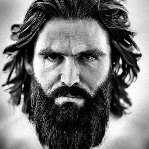Image similar to extremely muscular man with a beautiful square chin, thick white bushy beard!, jet black long flowing hair!!!, wearing a tunic that exposes one side of the chest, cinematic, volumetric lighting, f 7 aperture - w 5 1 2