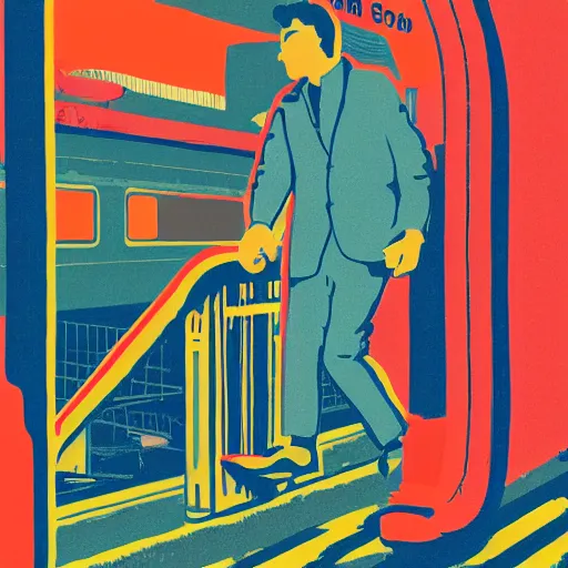 Image similar to a risograph print of a man walking into a New York City subway station