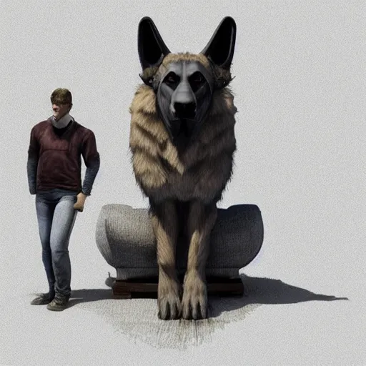 Image similar to a humanoid german shepherd beast - man, sitting on a couch and puts on jeans, artstation, concept art, smooth, sharp foccus ilustration, artstation