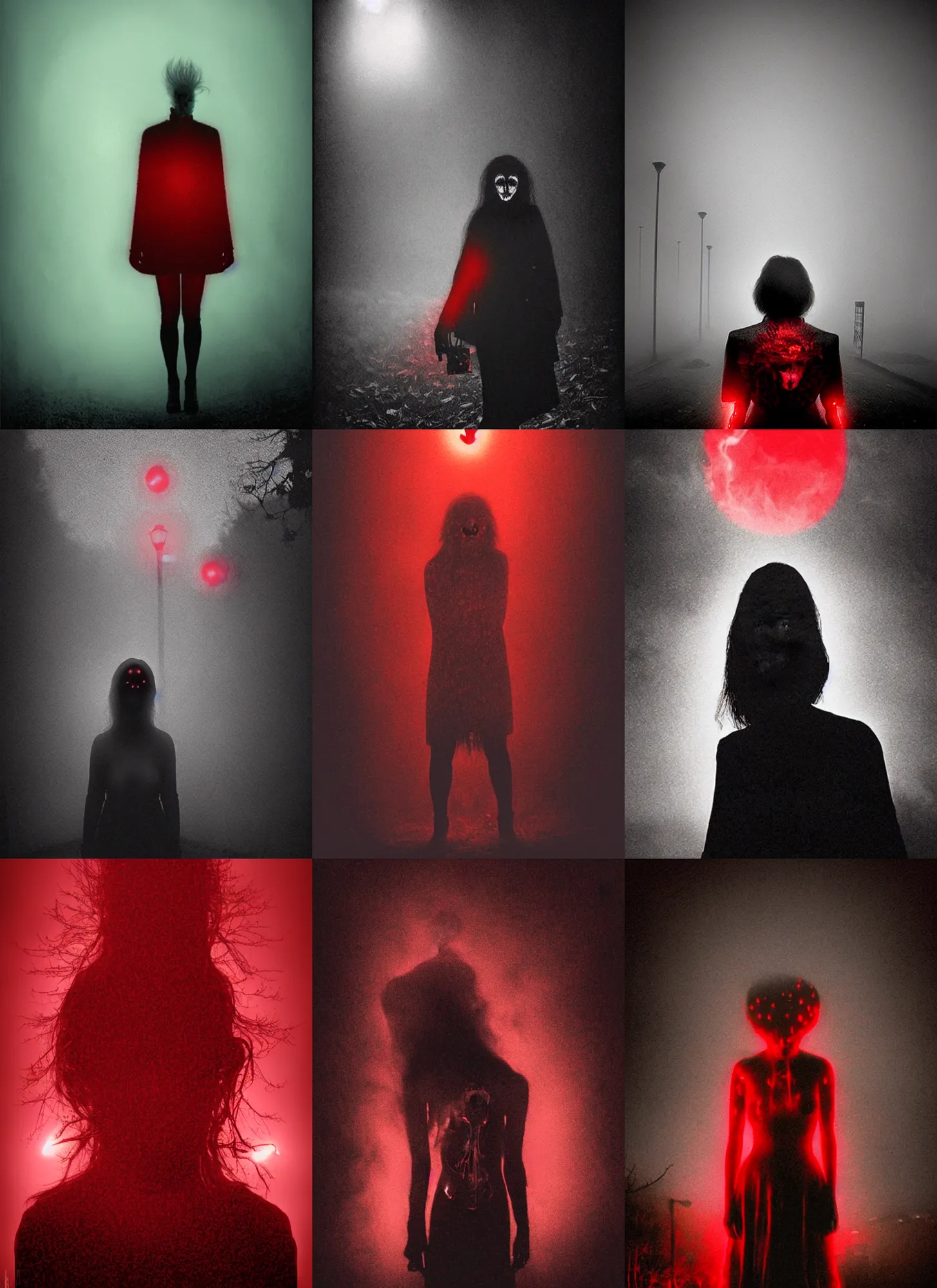 Prompt: photograph of a creepy woman by dan hillier, scary, red lights, 1 9 1 6, fog, atmospheric