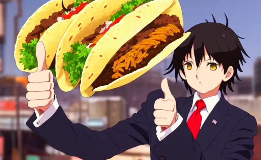 Prompt: beautiful makoto shinkai anime style digital film still portrait of donald trump giving a thumbs up behind a taco bowl, 4 k, 8 k, hd, high resolution, highly detailed, intricate detail, ultra realistic faces, digital art, trending on artstation, your name, weathering with you