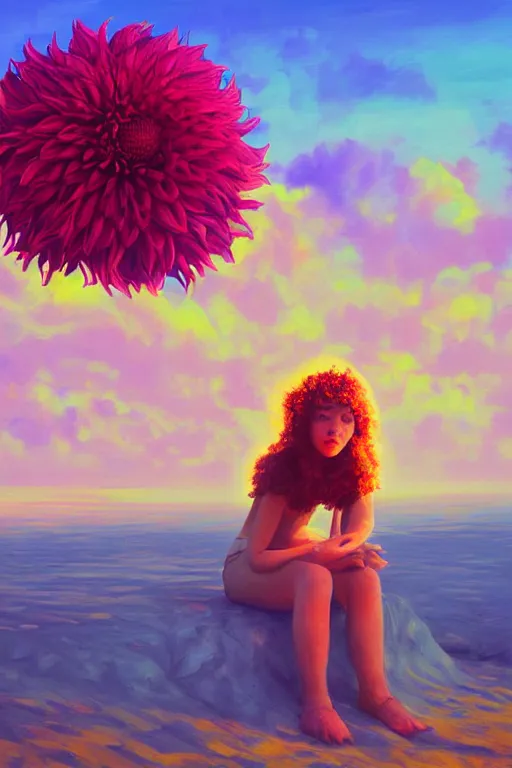 Image similar to closeup giant dahlia flower head, girl sitting on beach, surreal photography, blue sky, sunrise, dramatic light, impressionist painting, digital painting, artstation, simon stalenhag