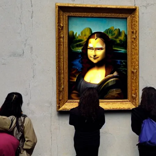 Prompt: picture of people watching the ( mona lisa ) painting but it's vandalized with a graffiti!!